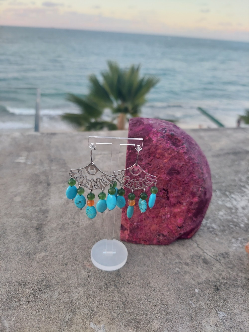 Silver-Tone Fan Earrings with Turquoise and Green Beads